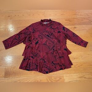 Susan Graver Red & Black Ruffle Flounce Top – Size Large